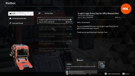 The mailbox showing First Descendant credits that you can get by exchanging caliber.