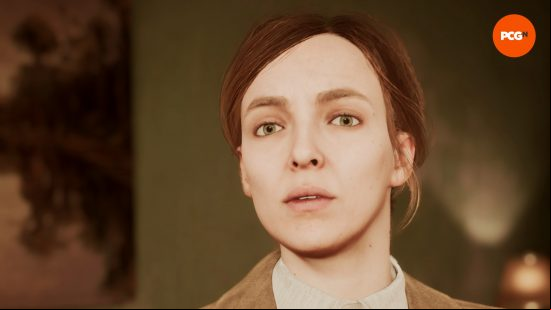 Emily Hartwood, played by Jodie Comer in the Alone in the Dark cast, looks off into the distance, stunned and in a trance.